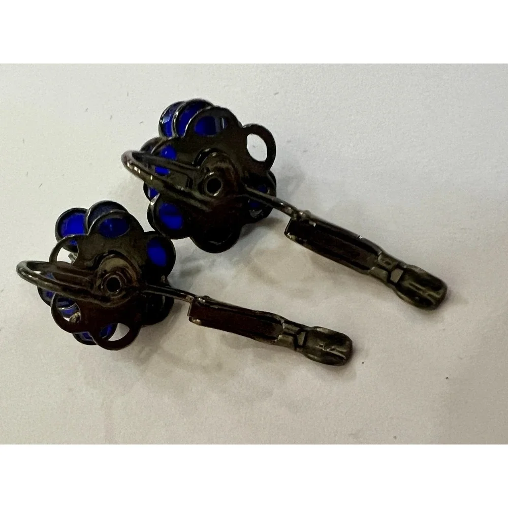 Vintage Cobalt Blue Glass‎ Floral Clip On Earrings Art Deco Rhinestone Flower